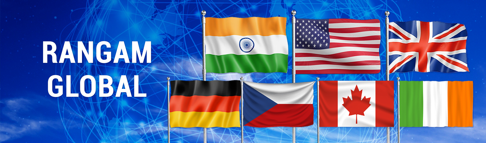 Flag of India, U.S.A, U.K., Germany, Czechia, Canada, and Ireland, representing the global presence of Rangam with an AI background